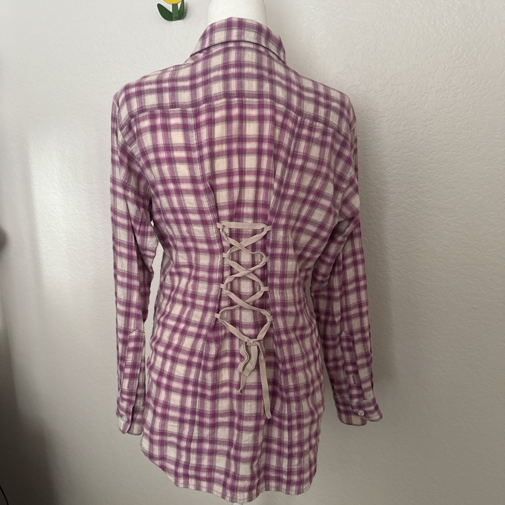 CAbi Purple Checkered Top with Lace-Up Back